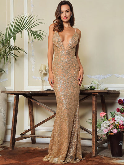 Movie Star Gold Plunge Glitter Maxi Fishtail Dress - Fashion Genie Boutique