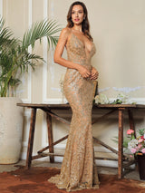 Movie Star Gold Plunge Glitter Maxi Fishtail Dress - Fashion Genie Boutique