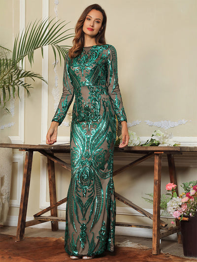 Oscar Night Green Sequin Long Sleeve Maxi Dress - Fashion Genie Boutique
