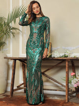 Oscar Night Green Sequin Long Sleeve Maxi Dress - Fashion Genie Boutique
