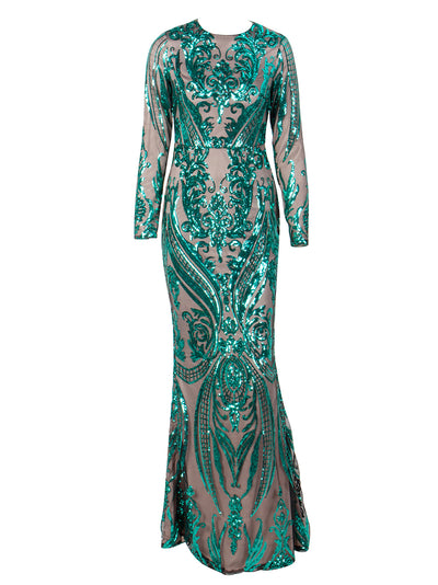 Oscar Night Green Sequin Long Sleeve Maxi Dress - Fashion Genie Boutique