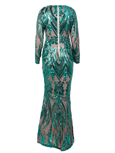 Oscar Night Green Sequin Long Sleeve Maxi Dress - Fashion Genie Boutique
