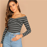 Hot Stuff Navy & White Bardot Long Sleeve Top - Fashion Genie Boutique