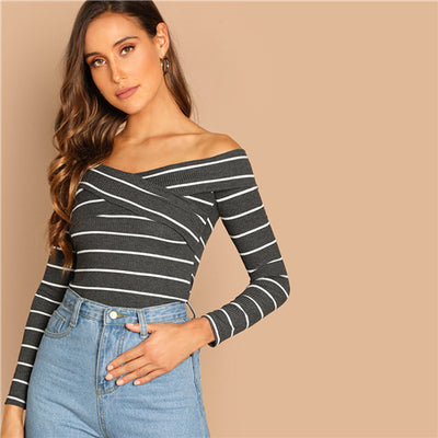 Hot Stuff Navy & White Bardot Long Sleeve Top - Fashion Genie Boutique
