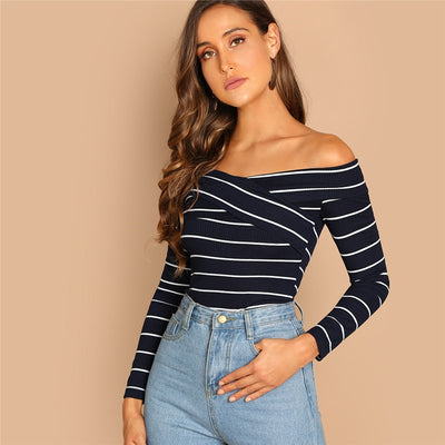 Hot Stuff Navy & White Bardot Long Sleeve Top - Fashion Genie Boutique