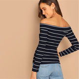 Hot Stuff Navy & White Bardot Long Sleeve Top - Fashion Genie Boutique
