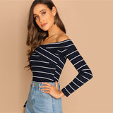 Hot Stuff Navy & White Bardot Long Sleeve Top - Fashion Genie Boutique