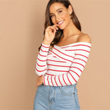 Hot Stuff White & Red Bardot Long Sleeve Top - Fashion Genie Boutique