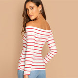 Hot Stuff White & Red Bardot Long Sleeve Top - Fashion Genie Boutique