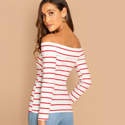 Hot Stuff White & Red Bardot Long Sleeve Top - Fashion Genie Boutique