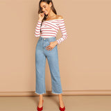 Hot Stuff White & Red Bardot Long Sleeve Top - Fashion Genie Boutique