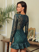 Fleeky Friday Green Glitter Long Sleeve Ruffle Mini Dress - Fashion Genie Boutique
