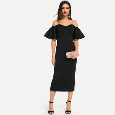 Fun For Now Black Bardot Midi Dress - Fashion Genie Boutique