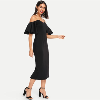 Fun For Now Black Bardot Midi Dress - Fashion Genie Boutique