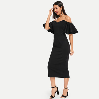 Fun For Now Black Bardot Midi Dress - Fashion Genie Boutique