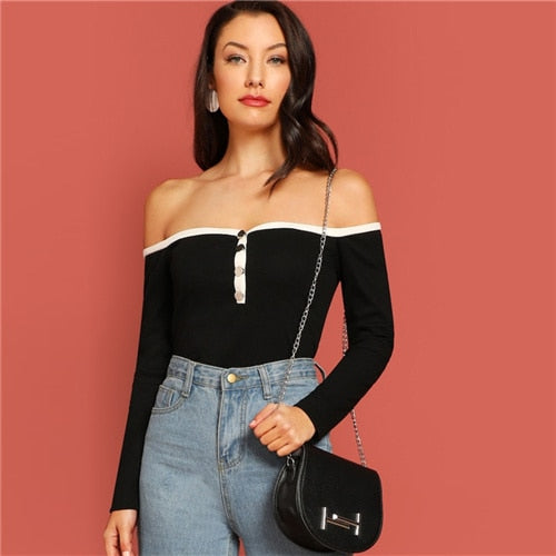 Julia Black Bardot Long Sleeve Top - Fashion Genie Boutique