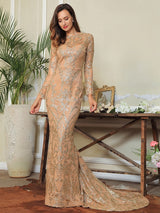 Prom N Poised Gold Glitter Embellished Maxi Fishtail Gown Dress - Fashion Genie Boutique