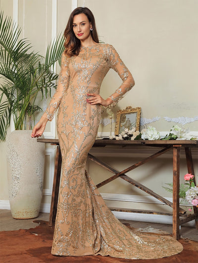 Prom N Poised Gold Glitter Embellished Maxi Fishtail Gown Dress - Fashion Genie Boutique