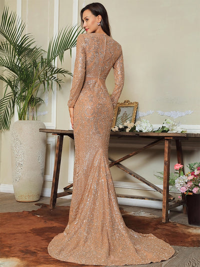 Elegant Bliss Rose Gold Glitter Embellished Long Sleeve Maxi Gown Dress - Fashion Genie Boutique