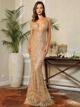 Summer Wedding Gold Glitter Embellished Maxi Fishtail Dress - Fashion Genie Boutique