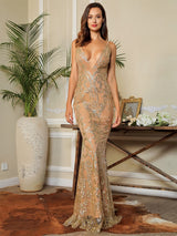 Summer Wedding Gold Glitter Embellished Maxi Fishtail Dress - Fashion Genie Boutique