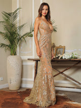 Summer Wedding Gold Glitter Embellished Maxi Fishtail Dress - Fashion Genie Boutique