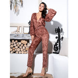 Miss Tease Brown Snake Print Long Sleeve Jumpsuit - Fashion Genie Boutique