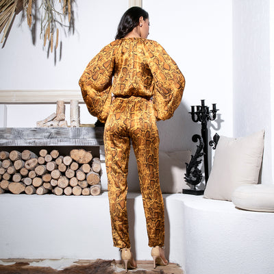 Miss Tease Yellow Snake Print Long Sleeve Jumpsuit - Fashion Genie Boutique