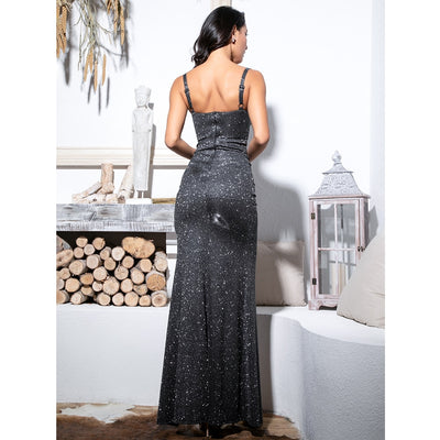 Hot Damn Black Glitter High Split Maxi Gown Dress - Fashion Genie Boutique
