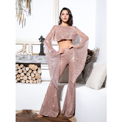 Attention Queen Rose Gold Glitter Long Sleeve Wide Leg Jumpsuit - Fashion Genie Boutique