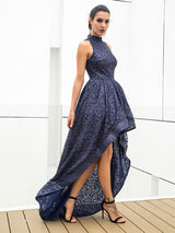 Chique Navy Glitter Embellished Dip Hem Maxi Gown Dress - Fashion Genie Boutique