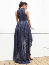 Chique Navy Glitter Embellished Dip Hem Maxi Gown Dress - Fashion Genie Boutique