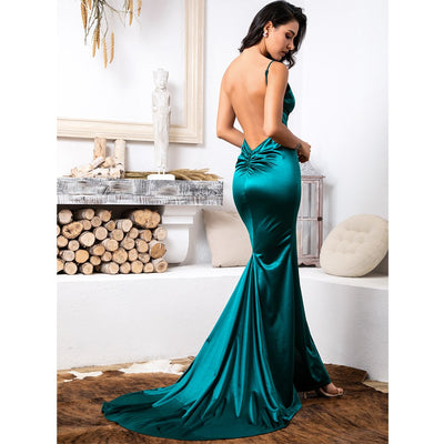 Sassy Lassie Green Satin High Split Maxi Gown Dress - Fashion Genie Boutique