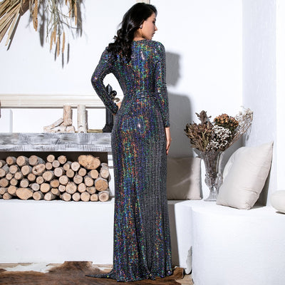 Earned It Silver Sequin Long Sleeve Maxi Gown Dress - Fashion Genie Boutique