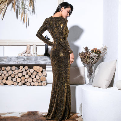 Earned It Gold Sequin Long Sleeve Maxi Gown Dress - Fashion Genie Boutique
