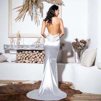 Sassy Lassie White Satin High Split Maxi Gown Dress - Fashion Genie Boutique