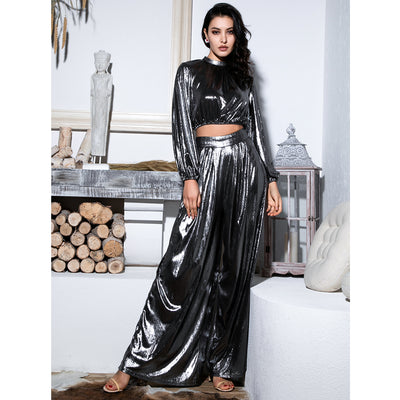 Luxe Party Silver Pleated High Waisted Wide Leg Trousers - Fashion Genie Boutique
