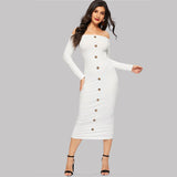 Baxter White Bardot Long Sleeve Button Midi Dress - Fashion Genie Boutique