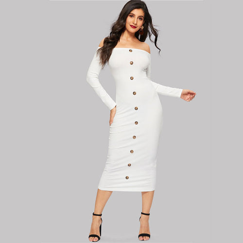 Baxter White Bardot Long Sleeve Button Midi Dress - Fashion Genie Boutique