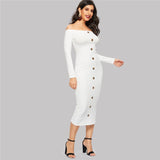 Baxter White Bardot Long Sleeve Button Midi Dress - Fashion Genie Boutique