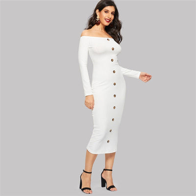 Baxter White Bardot Long Sleeve Button Midi Dress - Fashion Genie Boutique