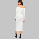 Baxter White Bardot Long Sleeve Button Midi Dress - Fashion Genie Boutique