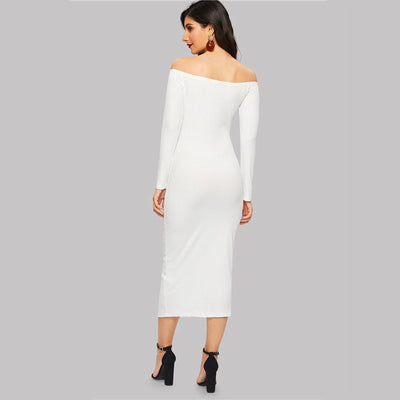 Baxter White Bardot Long Sleeve Button Midi Dress - Fashion Genie Boutique