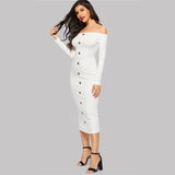 Baxter White Bardot Long Sleeve Button Midi Dress - Fashion Genie Boutique