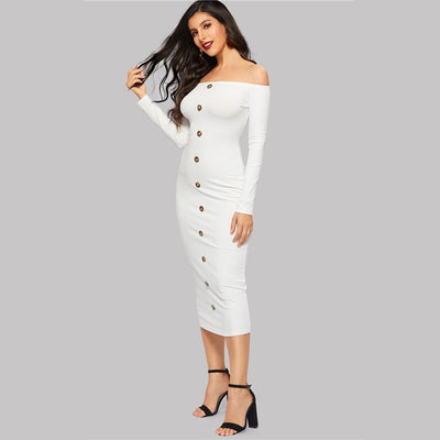 Baxter White Bardot Long Sleeve Button Midi Dress - Fashion Genie Boutique