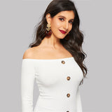 Baxter White Bardot Long Sleeve Button Midi Dress - Fashion Genie Boutique