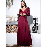 Pretty Thing Burgundy Satin Long Sleeve Wrap Maxi Dress - Fashion Genie Boutique