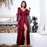 Pretty Thing Burgundy Satin Long Sleeve Wrap Maxi Dress - Fashion Genie Boutique