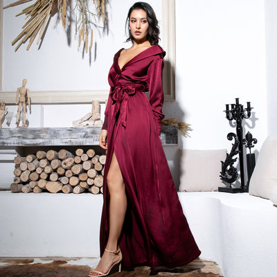 Pretty Thing Burgundy Satin Long Sleeve Wrap Maxi Dress - Fashion Genie Boutique