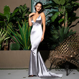 Glowing Goddess Grey Satin Fishtail Maxi Dress - Fashion Genie Boutique